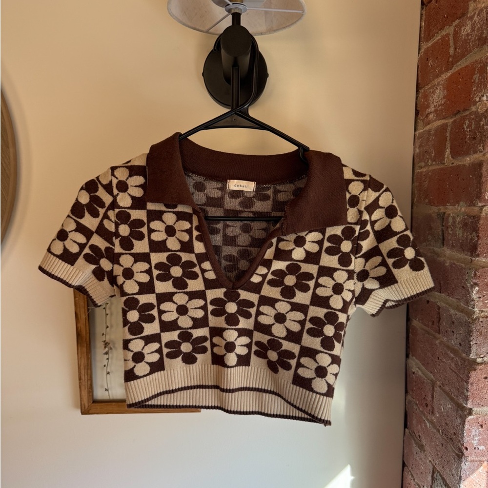 Debut Brown and Cream Floral Checkered Crop Top